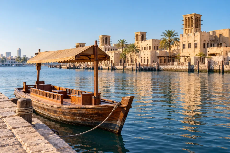 Собирательная сцена набережной в духе Dubai Creek с деревянной лодкой
